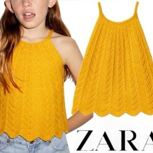 (B2) Zara Girls Kids Mustard Yellow Crochet Knit Sleeveless Top 13-14